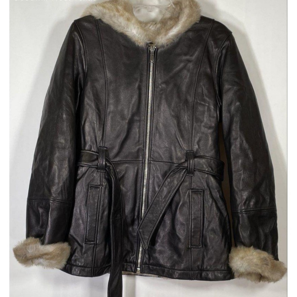 Wilsons Vintage USA Mens Genuine Leather Faux Fur Hooded Belted Jacket Medium